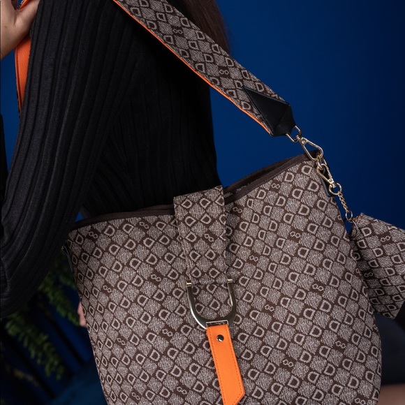 DASTI Jacquard Tote & Wallet Set – Brown Monogram Crossbody Bag Medium - Picture 14 of 14